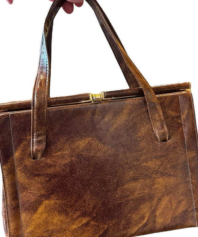 Elegant Vintage 1950s A frame leather handbag, top handle purse, whisky