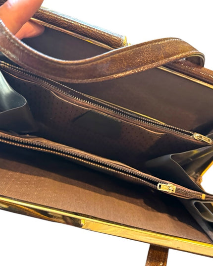 Elegant Vintage 1950s A frame leather handbag, top handle purse, whisky
