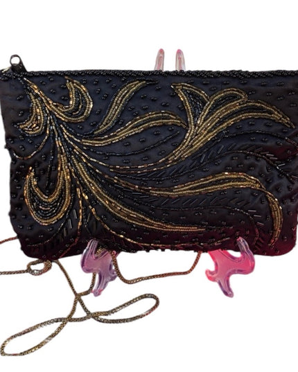 Vintage 1980s Beaded gold black purse clutch evening bag ornate design