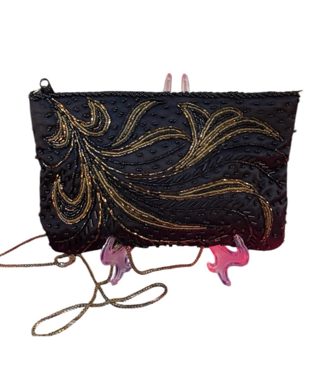 Vintage 1980s Beaded gold black purse clutch evening bag ornate design