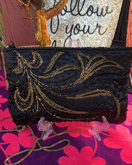 Vintage 1980s Beaded gold black purse clutch evening bag ornate design