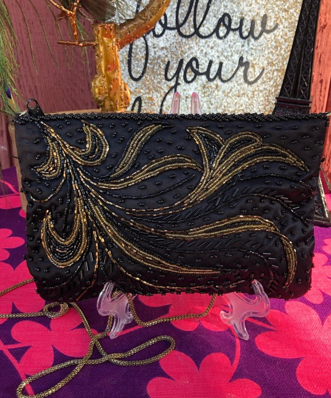 Vintage 1980s Beaded gold black purse clutch evening bag ornate design