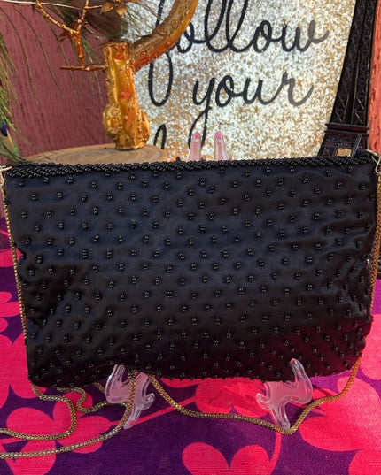Vintage 1980s Beaded gold black purse clutch evening bag ornate design