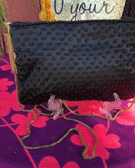 Vintage 1980s Beaded gold black purse clutch evening bag ornate design
