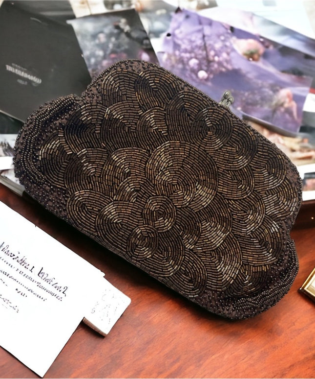 Vintage 1940s Brown microbead small clutch purse
