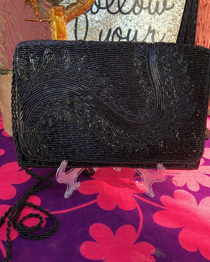 Vintage black bead clutch shoulder bag