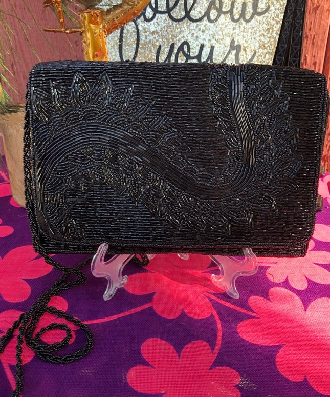 Vintage black bead clutch shoulder bag