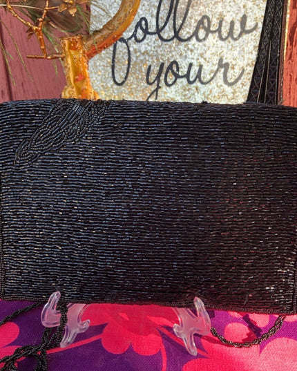 Vintage black bead clutch shoulder bag