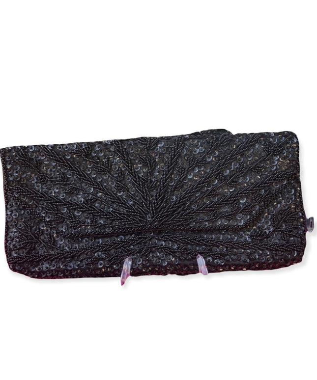 Vintage 1950s black bead sequin clutch