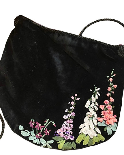 Vintage black velvet hand embroidered flowers purse shoulder bag