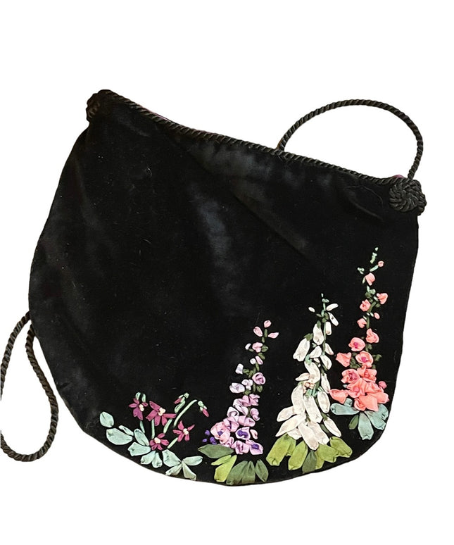 Vintage black velvet hand embroidered flowers purse shoulder bag