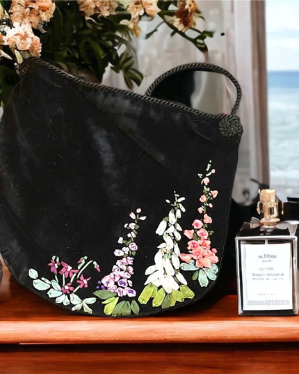 Vintage black velvet hand embroidered flowers purse shoulder bag