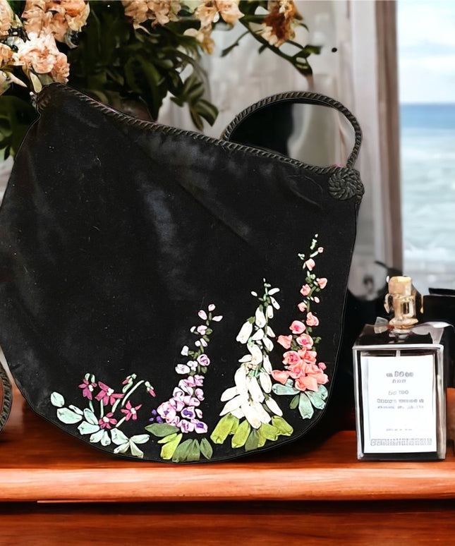 Vintage black velvet hand embroidered flowers purse shoulder bag