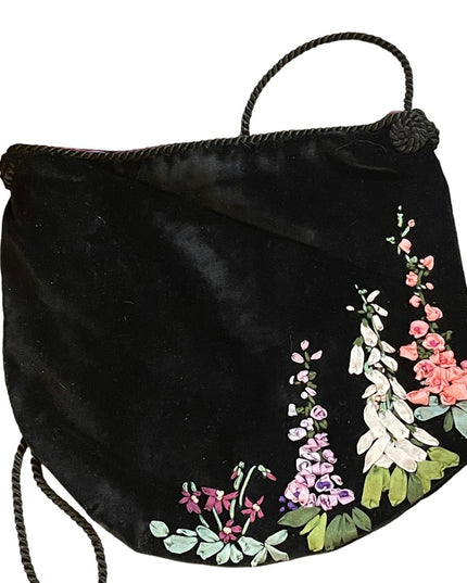 Vintage black velvet hand embroidered flowers purse shoulder bag