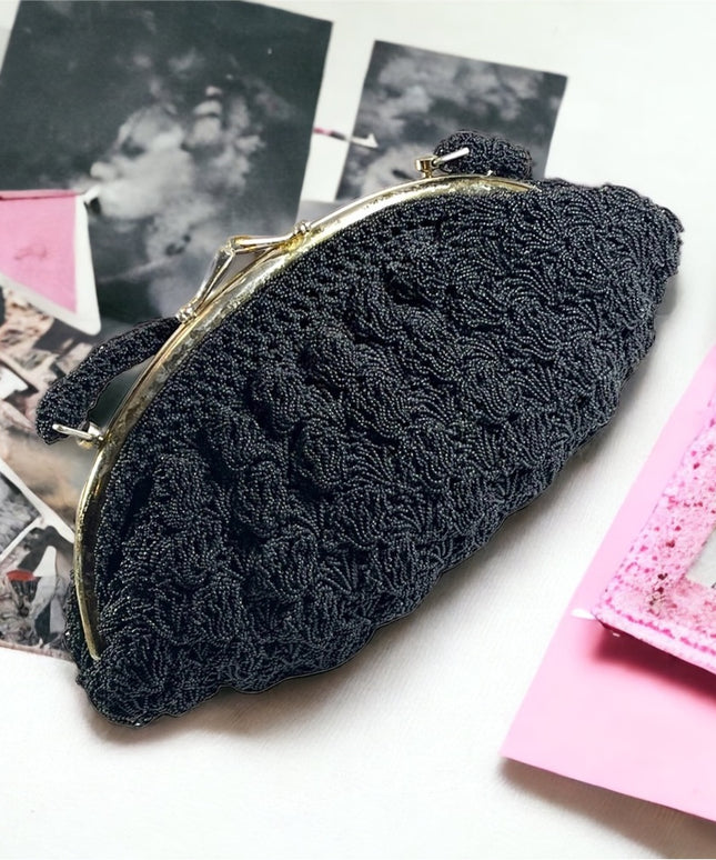 Vintage 1940 knit crochet woven cord fancy shell design ART DECO style bag purse