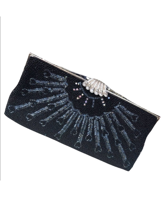 Vintage Black bead evening bag clutch wristlet