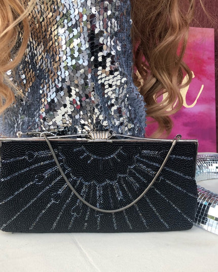 Vintage Black bead evening bag clutch wristlet