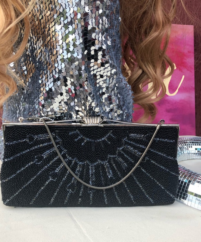 Vintage Black bead evening bag clutch wristlet