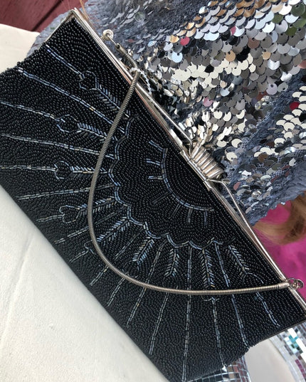 Vintage Black bead evening bag clutch wristlet