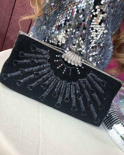 Vintage Black bead evening bag clutch wristlet
