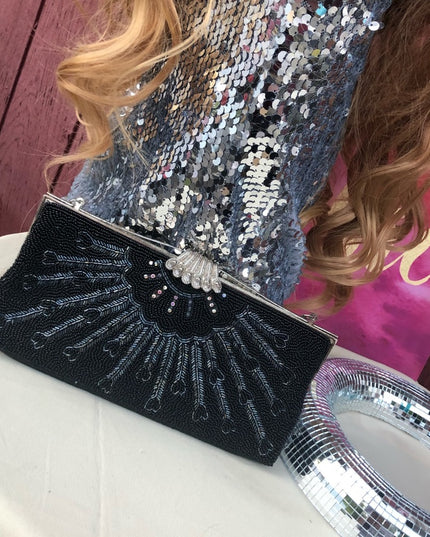 Vintage Black bead evening bag clutch wristlet