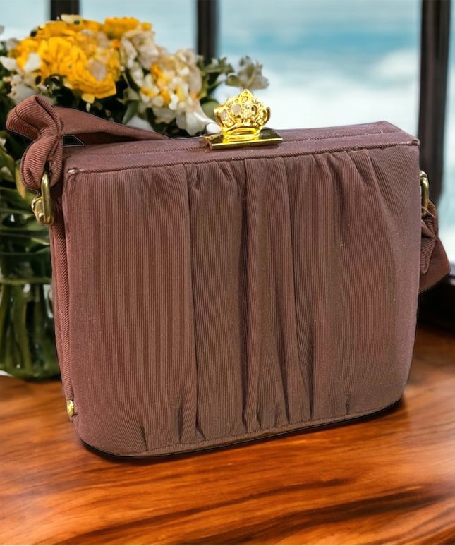 Vintage 1940s Mini Wristlet brown gold hardware Sateen