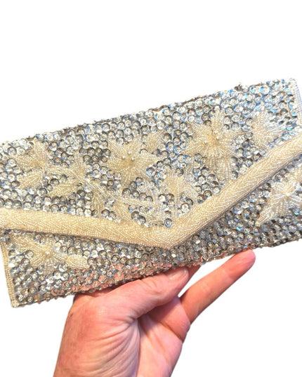 Elegant Vintage Micro Bead Silver Clutch with Crystal bead Embellishments silver