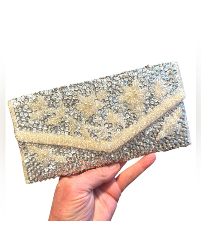 Elegant Vintage Micro Bead Silver Clutch with Crystal bead Embellishments silver