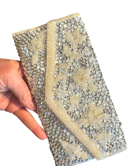 Elegant Vintage Micro Bead Silver Clutch with Crystal bead Embellishments silver