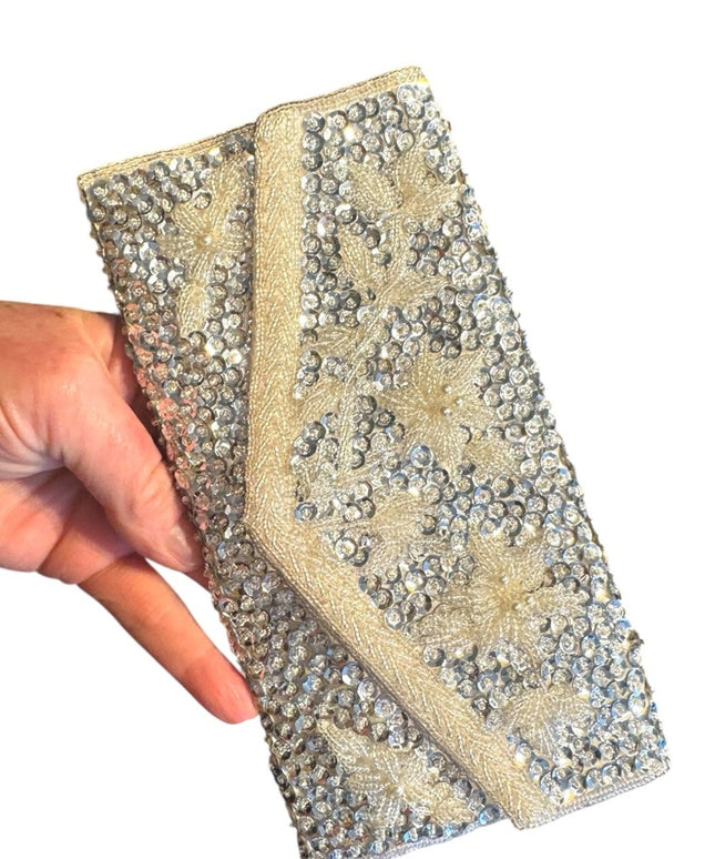 Elegant Vintage Micro Bead Silver Clutch with Crystal bead Embellishments silver