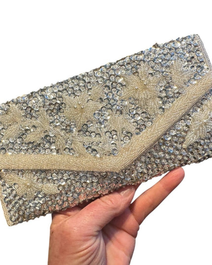 Elegant Vintage Micro Bead Silver Clutch with Crystal bead Embellishments silver