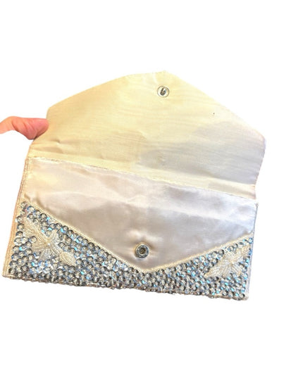 Elegant Vintage Micro Bead Silver Clutch with Crystal bead Embellishments silver