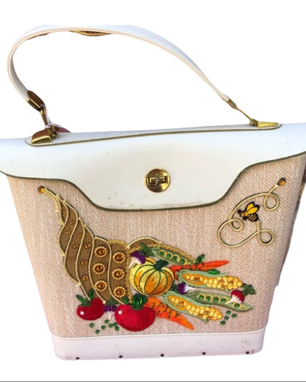 Large Vintage Hand made 1970s bucket purse wood fruits