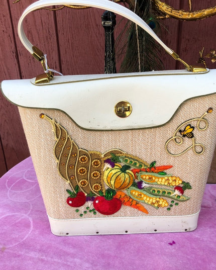 Large Vintage Hand made 1970s bucket purse wood fruits