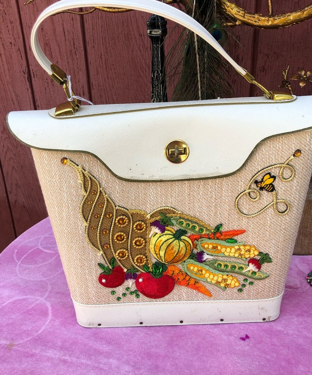 Large Vintage Hand made 1970s bucket purse wood fruits