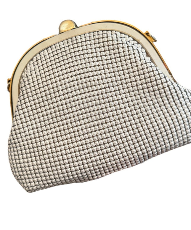 Elegant Vintage 1960s Chain Mail Metal White Mesh Clutch Shoulder Bag Purse