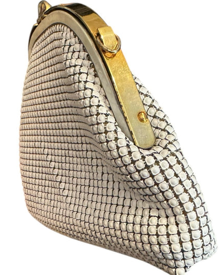 Elegant Vintage 1960s Chain Mail Metal White Mesh Clutch Shoulder Bag Purse