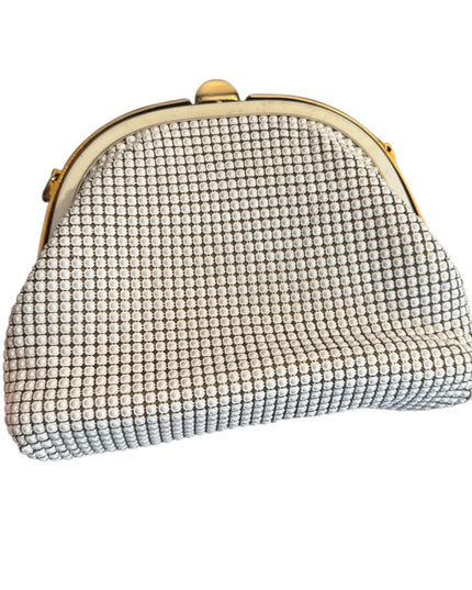 Elegant Vintage 1960s Chain Mail Metal White Mesh Clutch Shoulder Bag Purse