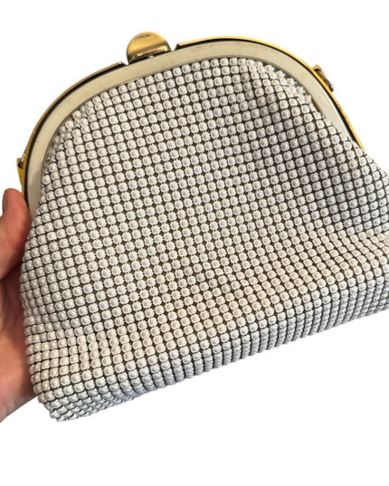 Elegant Vintage 1960s Chain Mail Metal White Mesh Clutch Shoulder Bag Purse