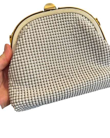 Elegant Vintage 1960s Chain Mail Metal White Mesh Clutch Shoulder Bag Purse