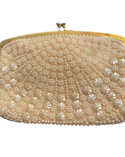 Elegant Small 1960s Cream Beaded Clutch Makeup bag Floral