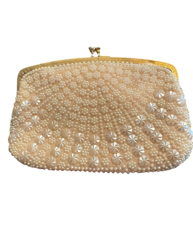 Elegant Small 1960s Cream Beaded Clutch Makeup bag Floral