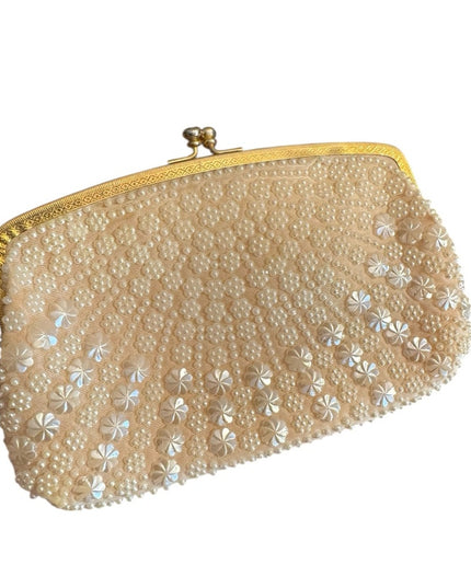 Elegant Small 1960s Cream Beaded Clutch Makeup bag Floral
