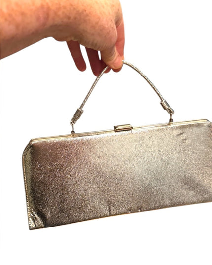 Elegant Vintage Silver Metalic Clutch Wristlet Bag Purse 1960s