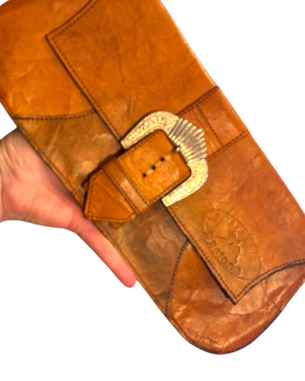 Vintage Leather Handmade Orange Leather Bag Clutch Silver Accent Buckle Close