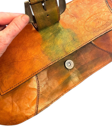 Vintage Leather Handmade Orange Leather Bag Clutch Silver Accent Buckle Close