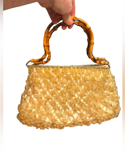 Elegant Handmade Heavy Plastic Gold Handbag with Bamboo Handle 1960s