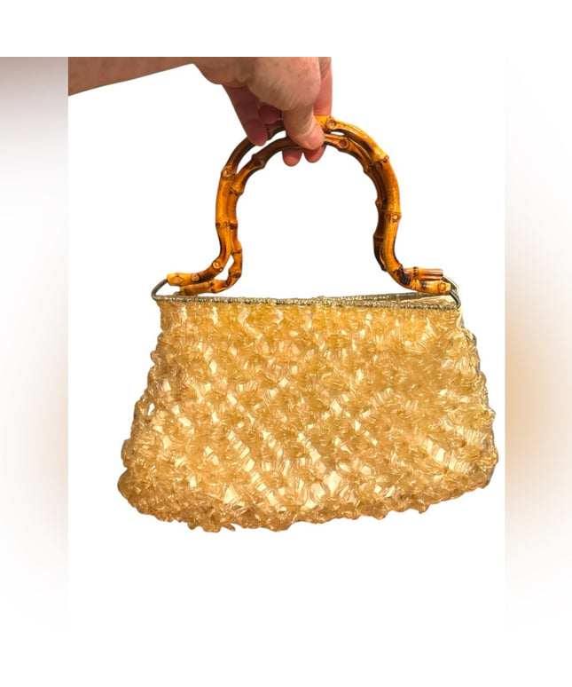 Elegant Handmade Heavy Plastic Gold Handbag with Bamboo Handle 1960s