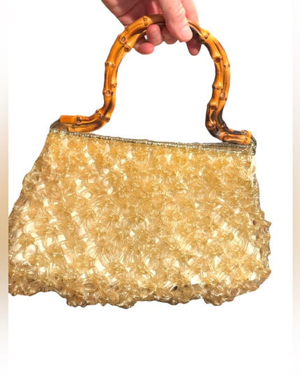 Elegant Handmade Heavy Plastic Gold Handbag with Bamboo Handle 1960s