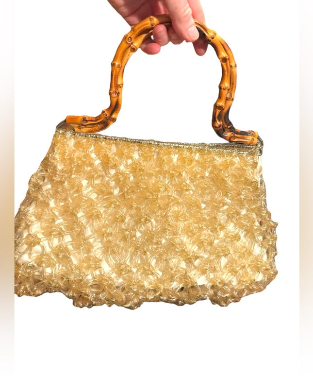 Elegant Handmade Heavy Plastic Gold Handbag with Bamboo Handle 1960s